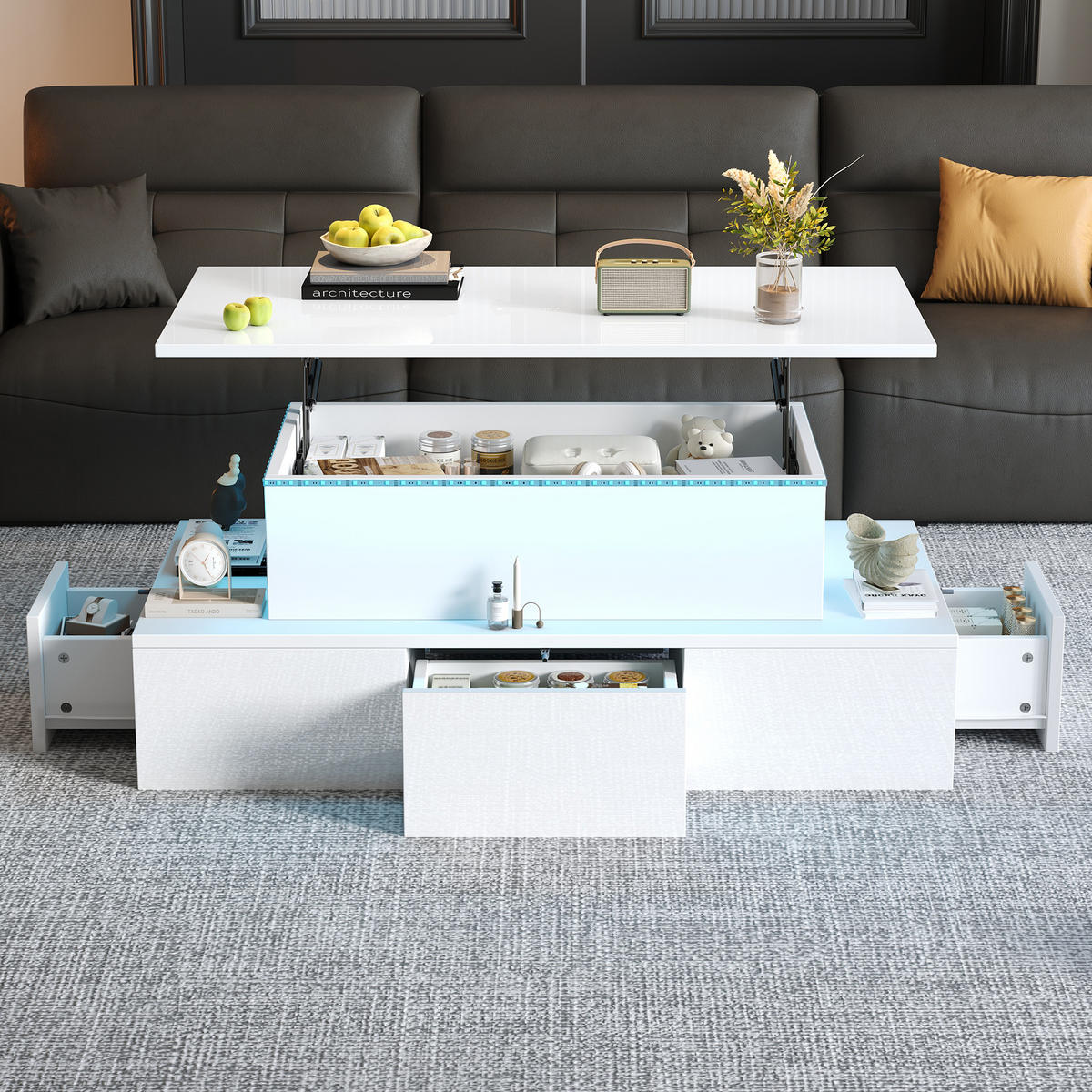 COUCHTISCH 100x50x40 cm Weiß LED Lift 4 Schubladen Stauraum - Weiß, Holzwerkstoff (100/50/40cm)