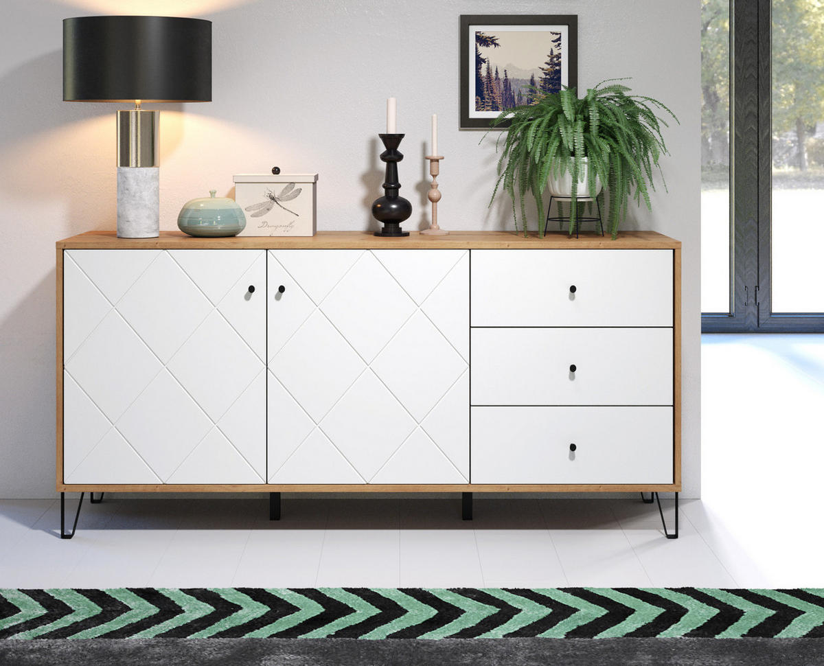 SIDEBOARD weiß matt mit Rautenoptik, Eiche Artisan 183 cm, Kommode mit Soft-Close - Eichefarben/Schwarz, Holzwerkstoff/Kunststoff (183/76/40cm) - Top.Furn