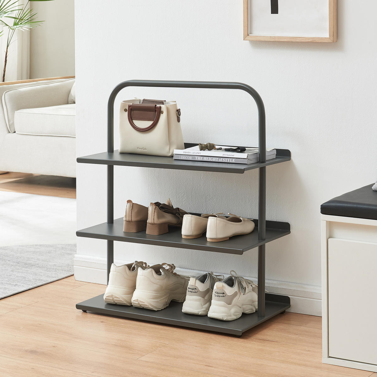 OBUVNÍK Poytya - antracitová, kov (60/73/32cm) - [en.casa]