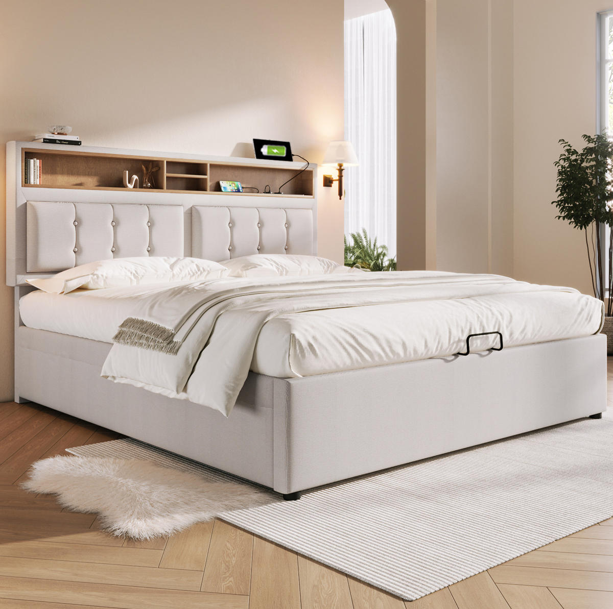POLSTERBETT mit Stauraum & USB 140x200 cm Beige inkl. Matratze - Beige, Metall (140/200cm) - Meubliv