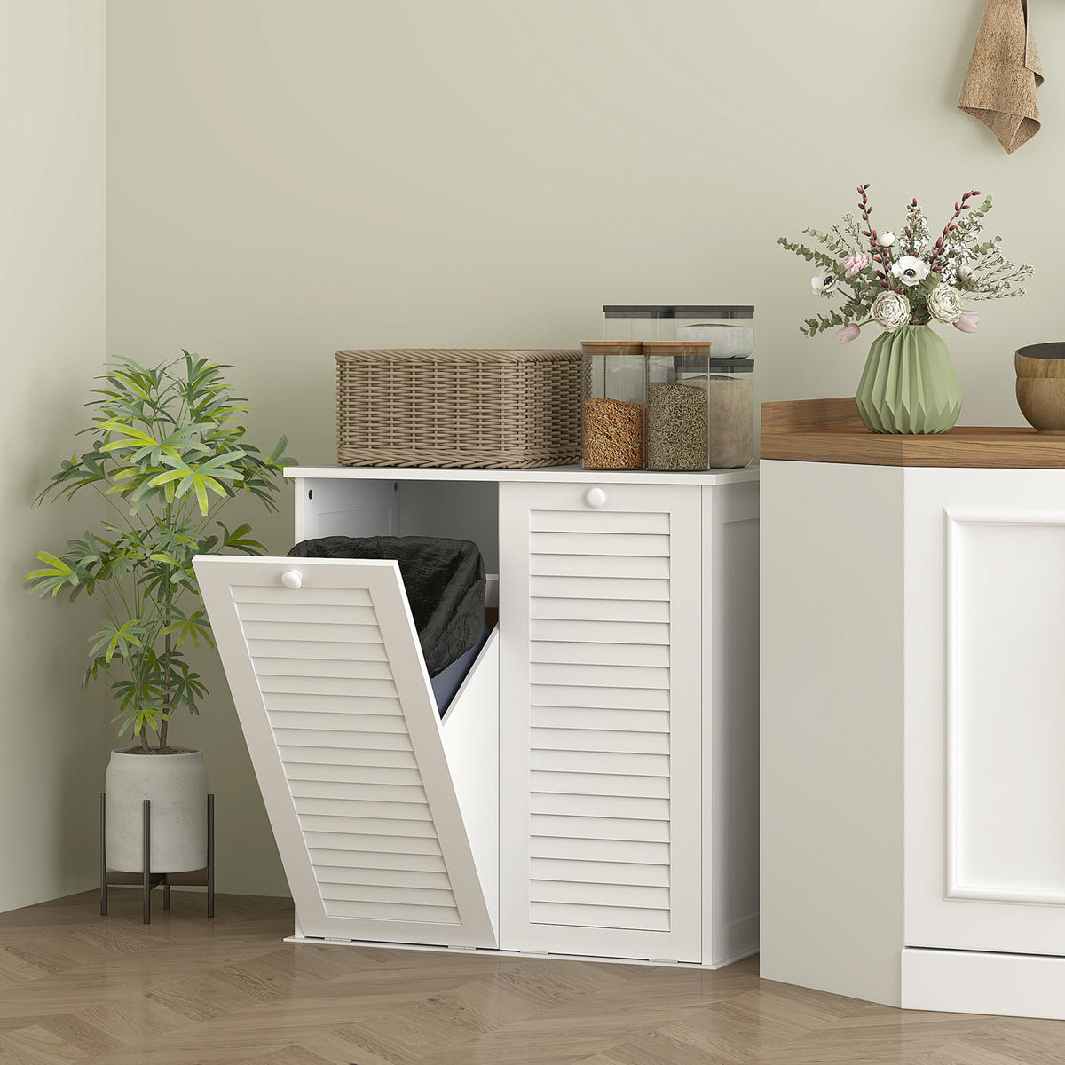MIDISCHRANK DE-17347 2 Wäschekörbe mit Lamellentüren Weiß - Weiß, Holzwerkstoff (70/73/38cm) - ComfortXL
