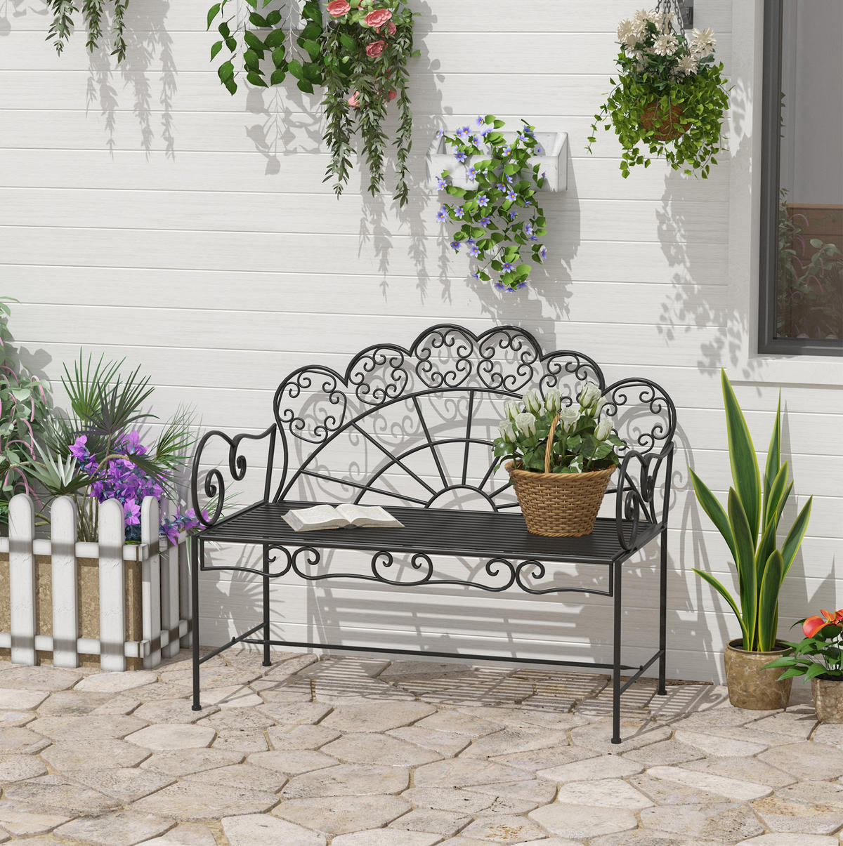 ZAHRADNÍ lavice z kovu 107x55,5x90,5 cm černá pro 2 osoby s odolnou konstrukcí a vintage vzhledem - černá, kov (107/90/55cm) - Modfu