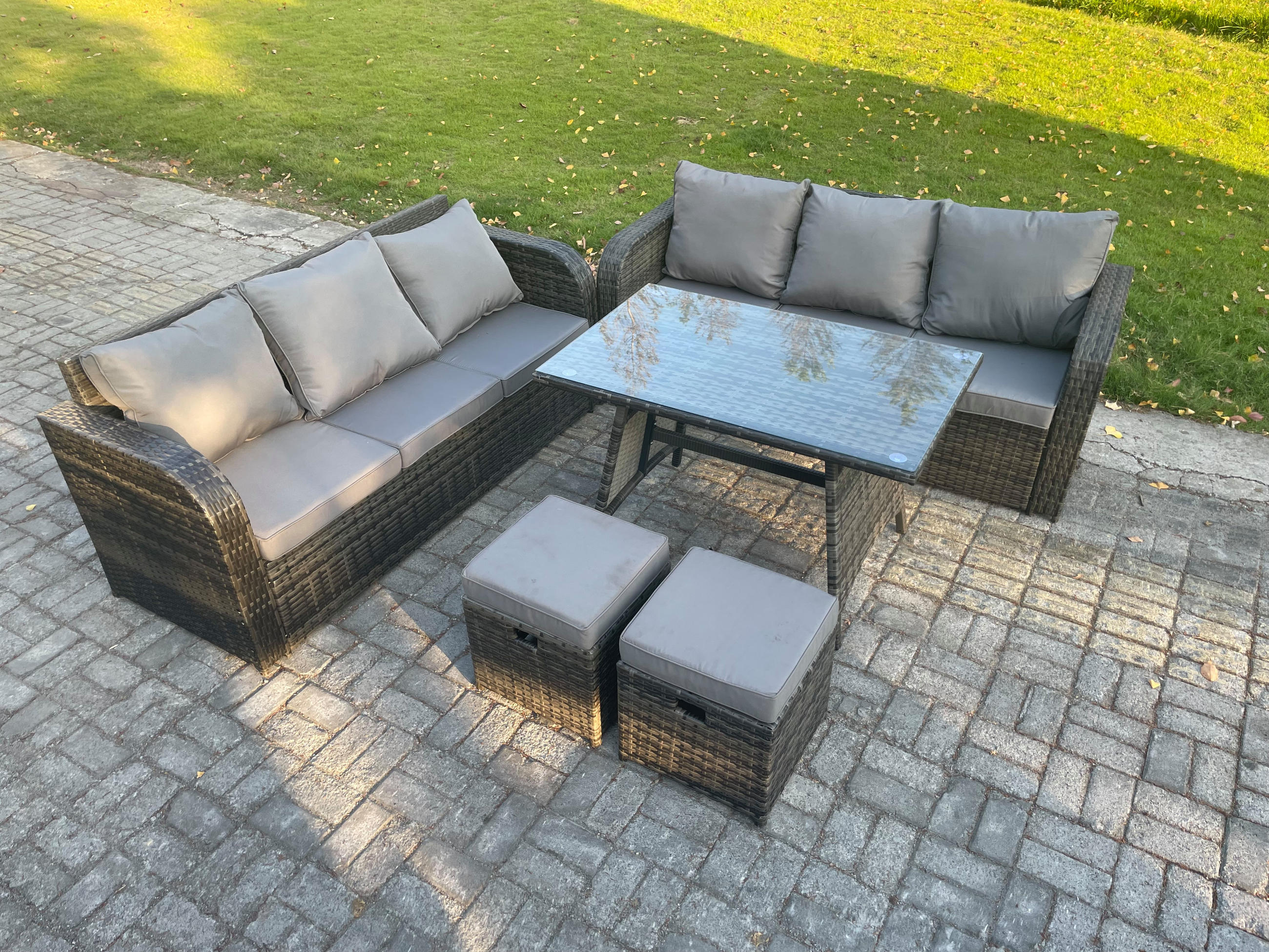 GARTENSET Hohe Rückenlehne Polyrattan 8-Sitzer - Dunkelgrau/Grau, Glas/Kunststoff - Fimous