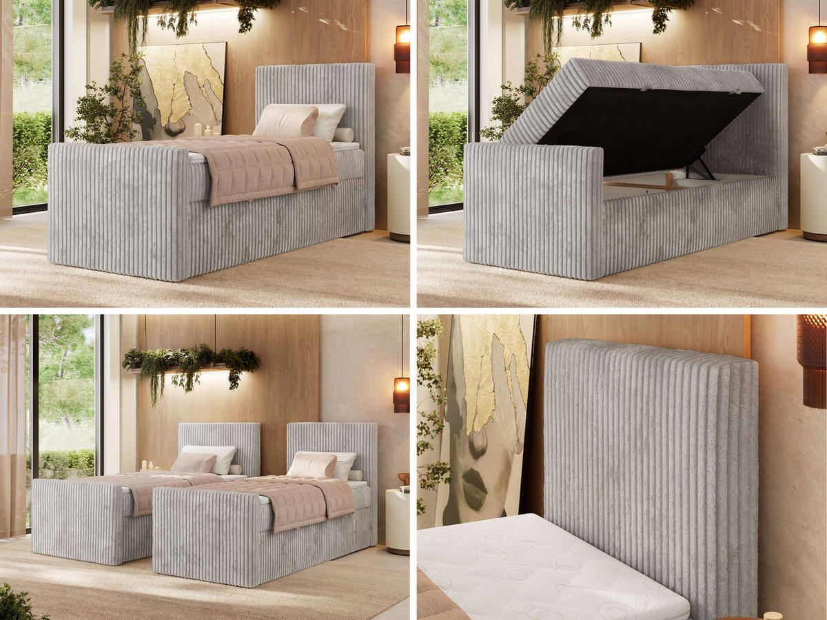 BOXBETT TILIANO DUO 90/200 - Hellgrau Cord - H3 - Topper Visco - Rechts Seite - Hellgrau, Textil (90/200cm) - MKS