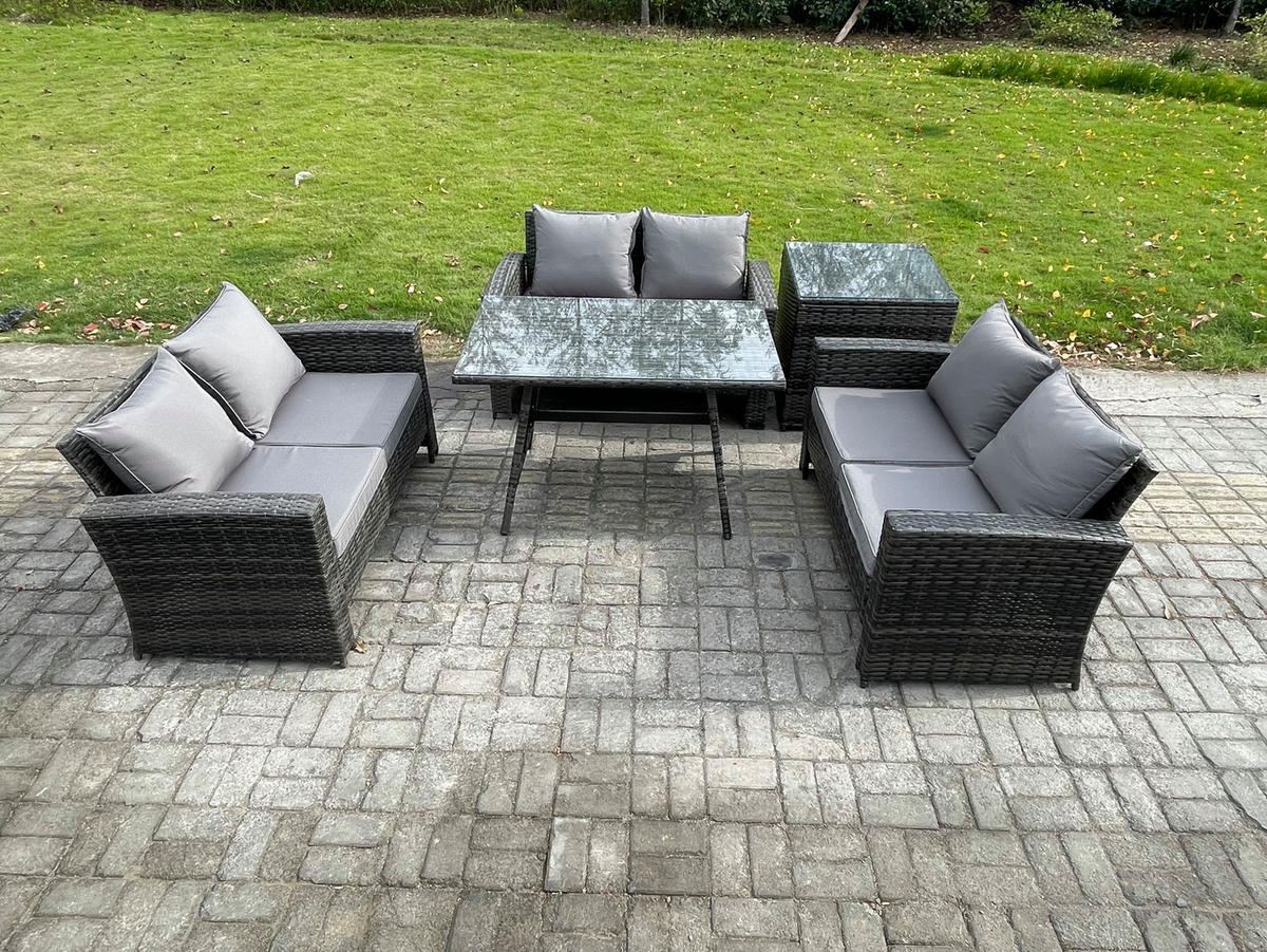GARTENMÖBELSET mit ESSTISCH,HOCHLEHNER-SOFA Polyrattan Dunkelgrauer Mix 6-Sitzer - Dunkelgrau/Grau, Glas/Kunststoff - Fimous