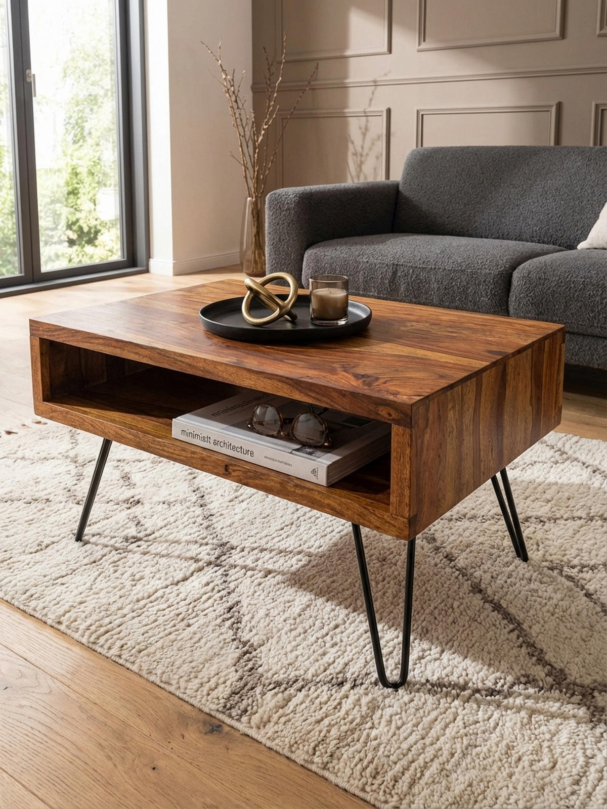 COUCHTISCH Sheeshamholz, Pulverbeschichtet mit Ablagefach, Maße 100x40x50 cm - Schwarz/Braun, Holz/Metall (50/100/40cm) - KADIMA DESIGN