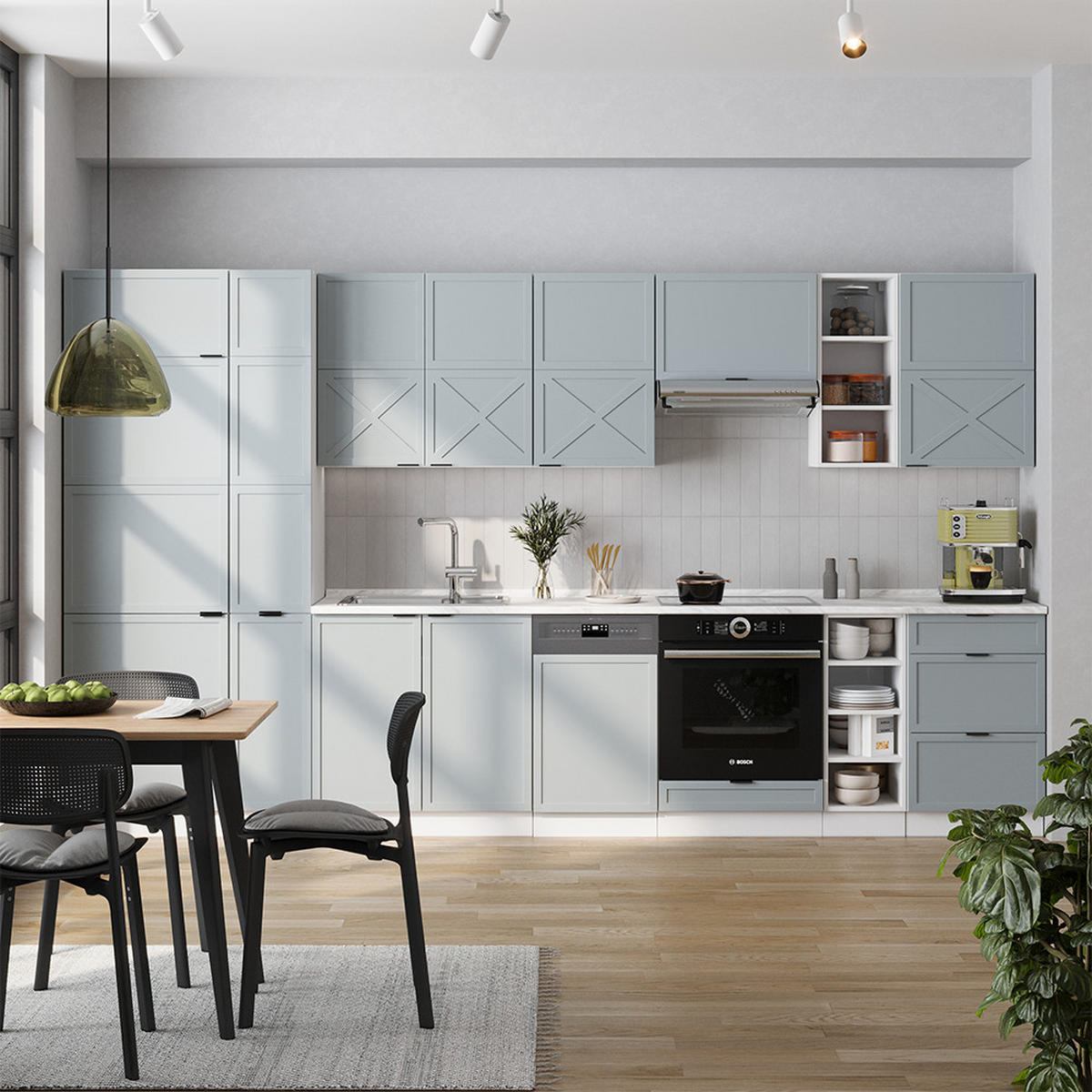 KÜCHENZEILE Fame-Line Hellblau-grau/Weiß 355 cm ohne AP - Weiß/Hellblau, Holzwerkstoff (355/81.6/46cm) - Vicco