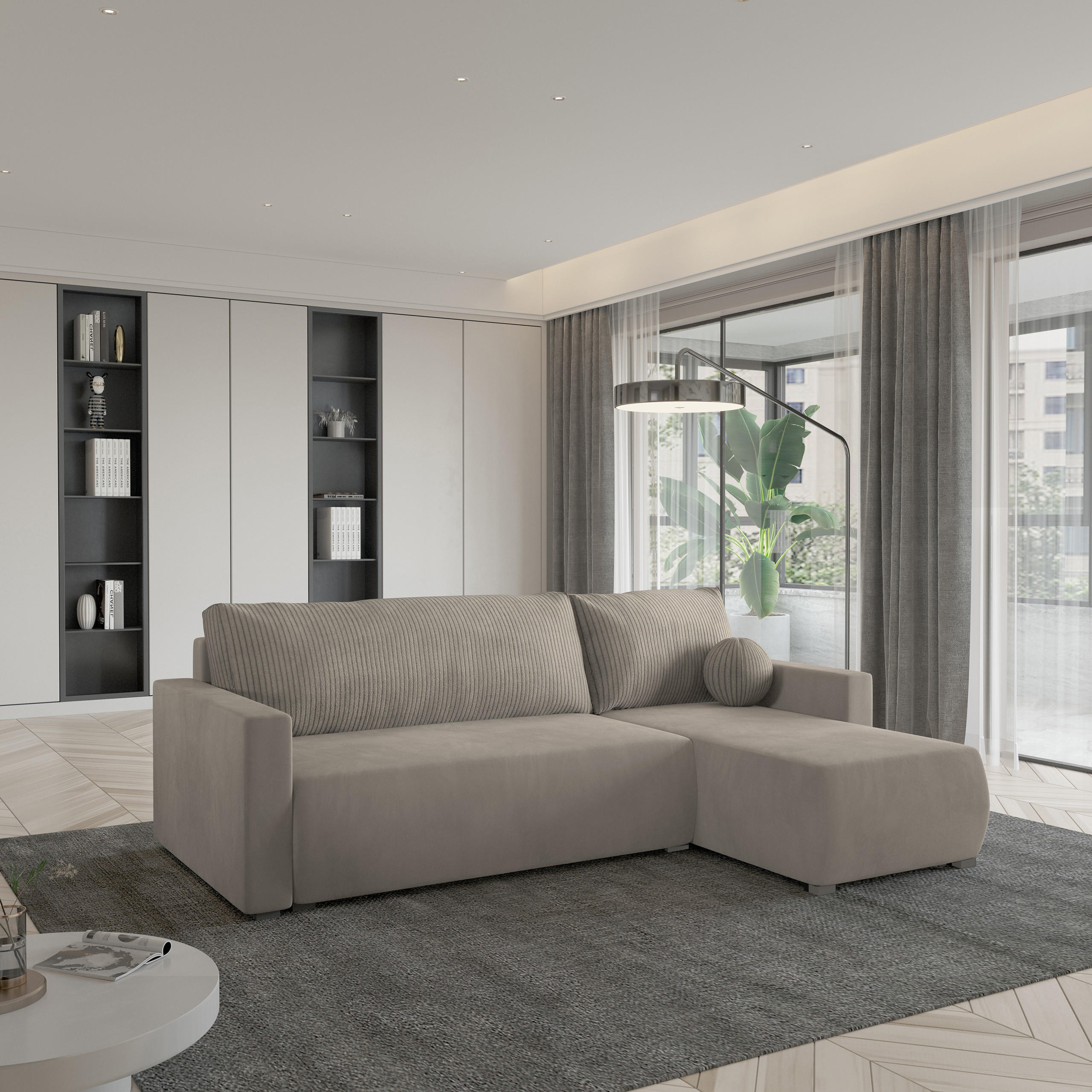 ECKSOFA SORGE Beige Plüsch-Stoff mit Schlaffunktion - Beige, Holz (220/143cm) - MASSENO