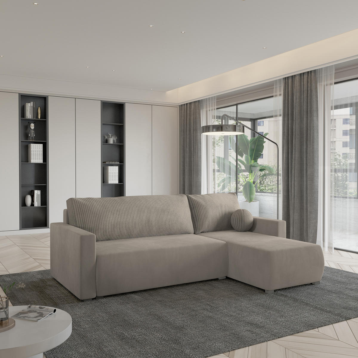 ECKSOFA SORGE Beige Plüsch-Stoff mit Schlaffunktion - Beige, Holz (220/143cm) - MASSENO