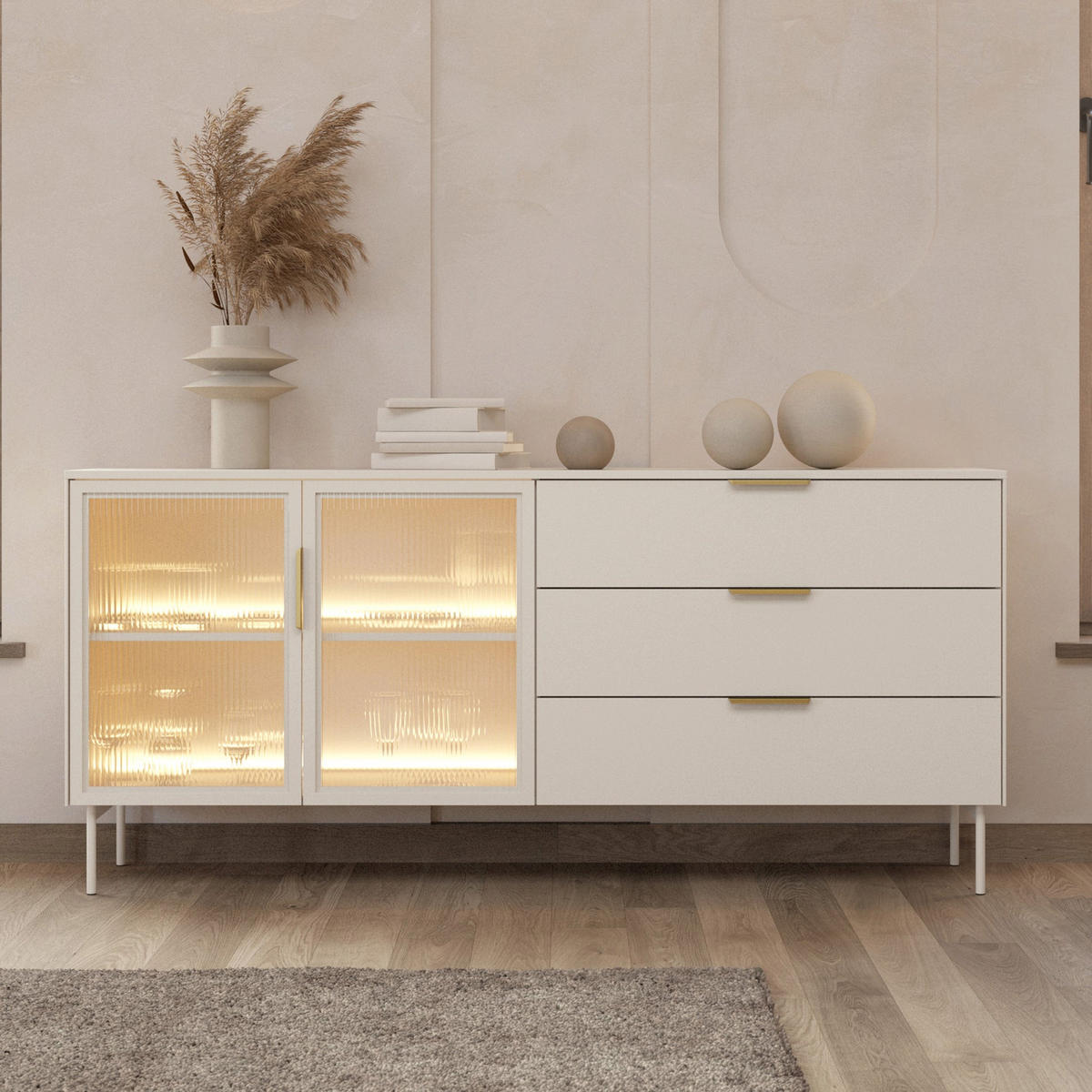 SIDEBOARD Lumi 2-türig mit Glasfronten Kaschmirgrau 181 cm - Taupe/Goldfarben, Holzwerkstoff/Metall (181.3/82.6/39.3cm) - Selsey