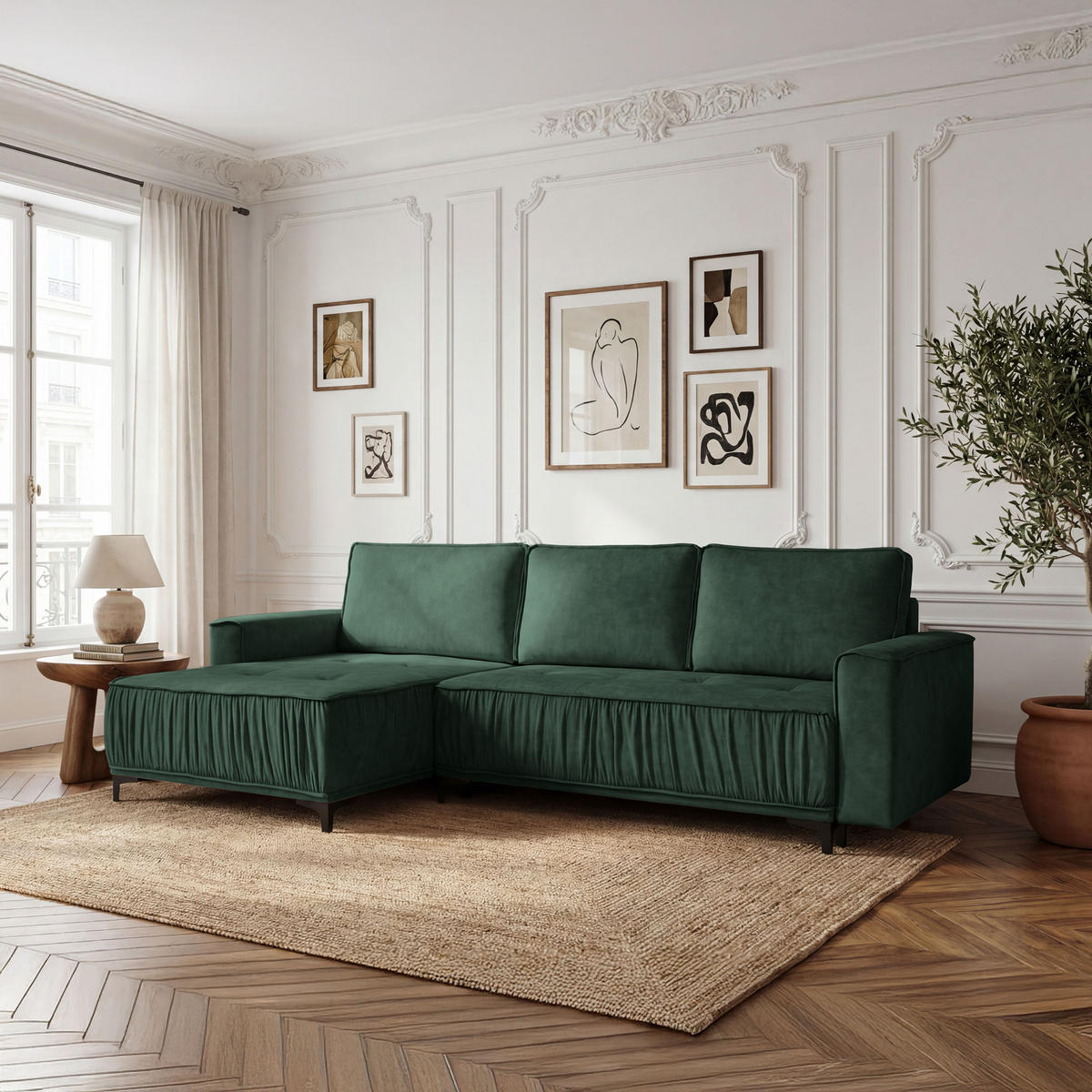 ECKSOFA Velora mit Schlaffunktion & Stauraum, Universell Rechts/Links, Dunkelgrün Samt 270/92/150 cm - Schwarz/Grün, Textil/Metall (270/150cm) - WFL GROUP