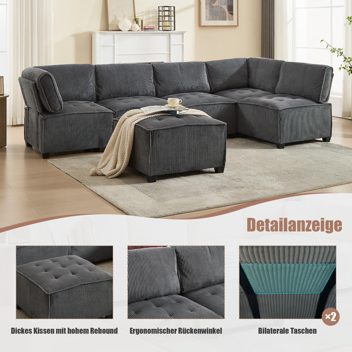 MODULARES 6-Sitzer Sofa Cord flexibel als U-/L-Form und Eckschlafsofa Grau 308/154/82 cm - Grau, Textil (154/308cm) - Redom