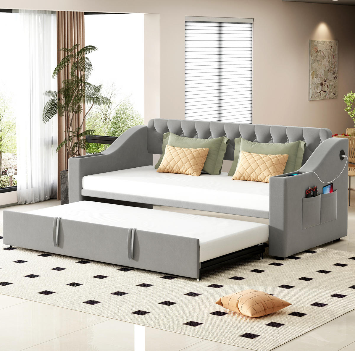 SCHLAFSOFA 90/190 cm mit Ausziehfunktion, USB- und Typ-C-Anschluss sowie Stauraumarmlehnen, Grau - Grau, Textil (98.5/78.5/215cm) - Redom