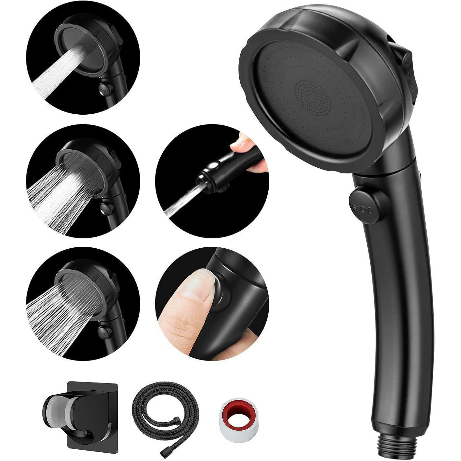 DUSCHKOPF Set mit Wassersparfunktion und 3 Strahlarten Schwarz - Schwarz, Kunststoff (8/12.7/24cm)