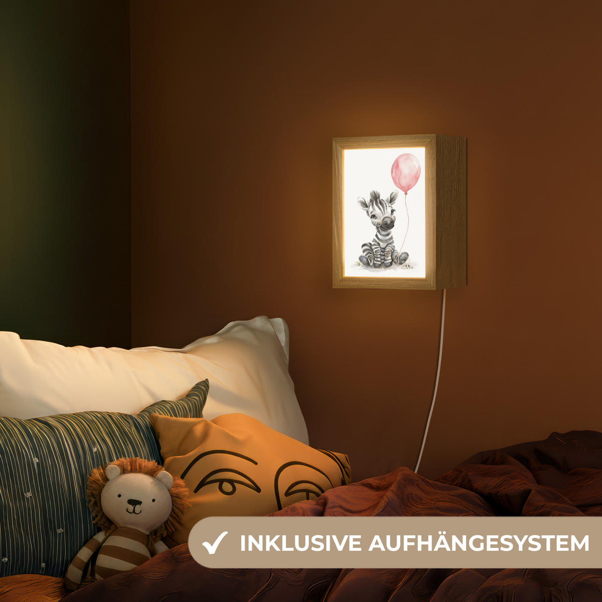 NACHTTISCHLAMPE Zebra - Baby - Tiere - Rosa Luftballon 15x20 cm - Weiß, Holzwerkstoff (8/15/20cm)