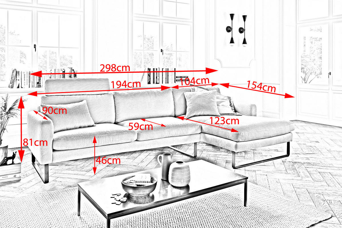 ECKSOFA RICARDA Smaragdgrün Cord - Smaragdgrün/Schwarz, Textil/Metall (298/154cm) - KAWOLA