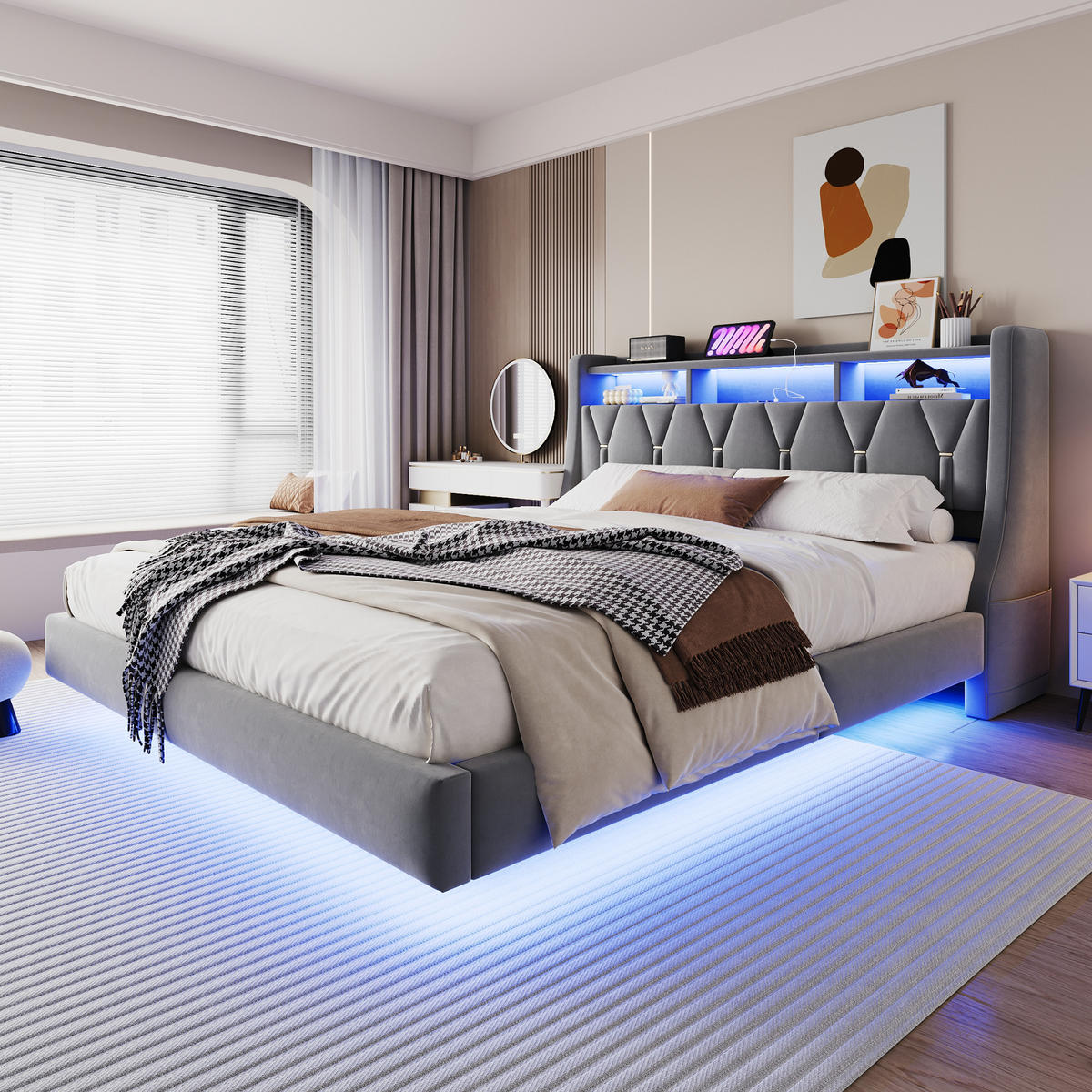 POLSTERBETT 180/200 cm in Grau Samt mit LED, USB, Type-C und Ablagen im Schwebelook - Grau, Holzwerkstoff/Textil (180/200cm) - STILVORA
