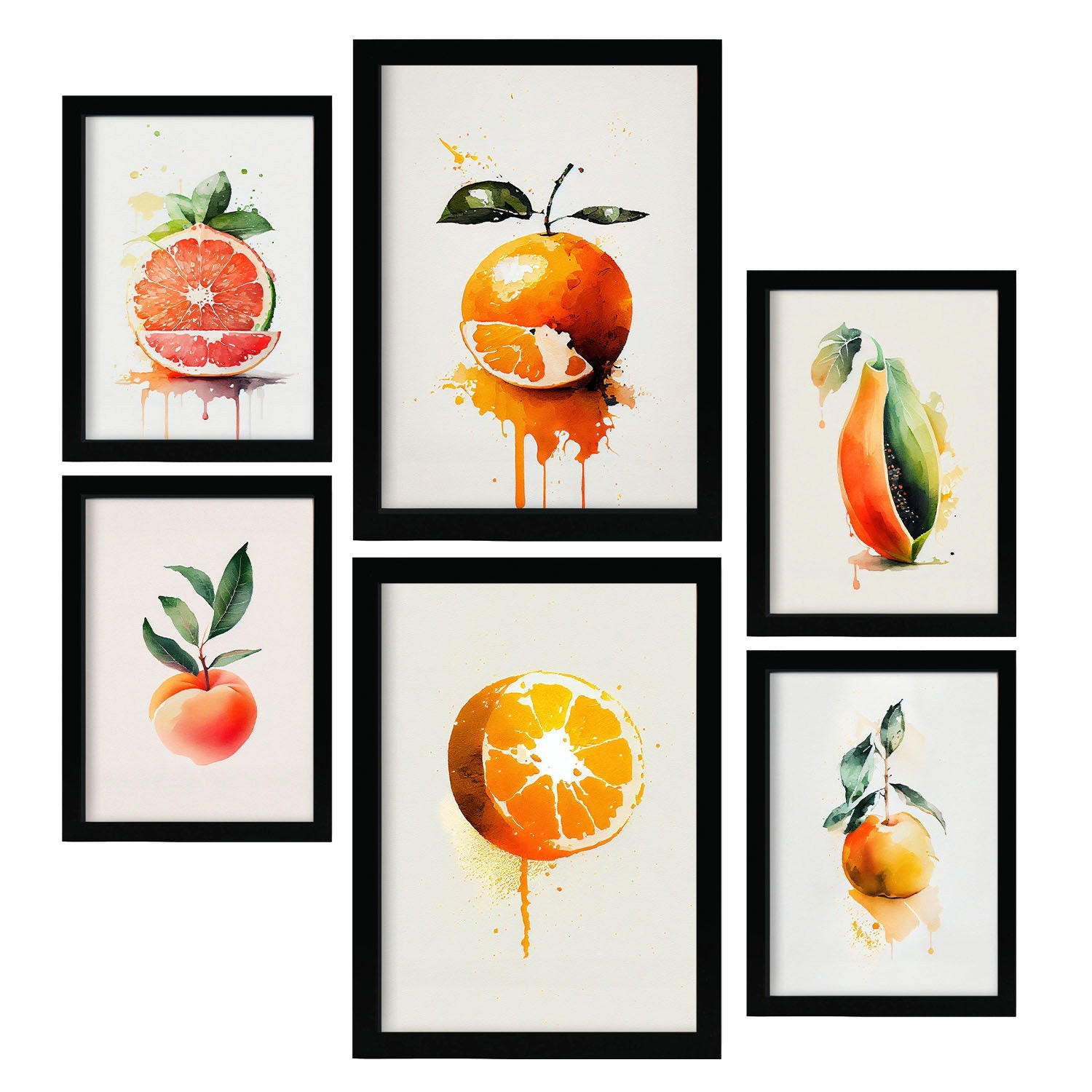 POSTER Set Mit 6 Zitrus Plakate Von Obst, Gemüse & Gesunden Lebensmitteln Im Aquarell Kunst Stil Auf Reinweißen Hintergründen A3 & A4 Schwarzer Rahmen - Schwarz, Papier (29/3cm) - Nacnic