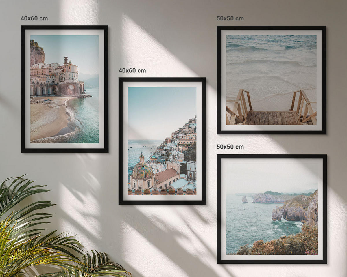 WANDBILDER 4er-Set - 50x50 cm & 40x60 cm Schwarzer Rahmen - Sommerliche Strandansichten in Pastellfarben - Schwarz, Kunststoff (50/50cm) - ArtPrintCave