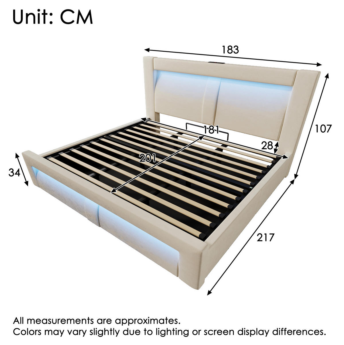 POLSTERBETT aus Samt 180x200 cm Beige mit hydraulischem Bettkasten, LED-Beleuchtung und USB/USB-C-Anschlüssen - Beige, Textil (180/200cm) - IVMEU