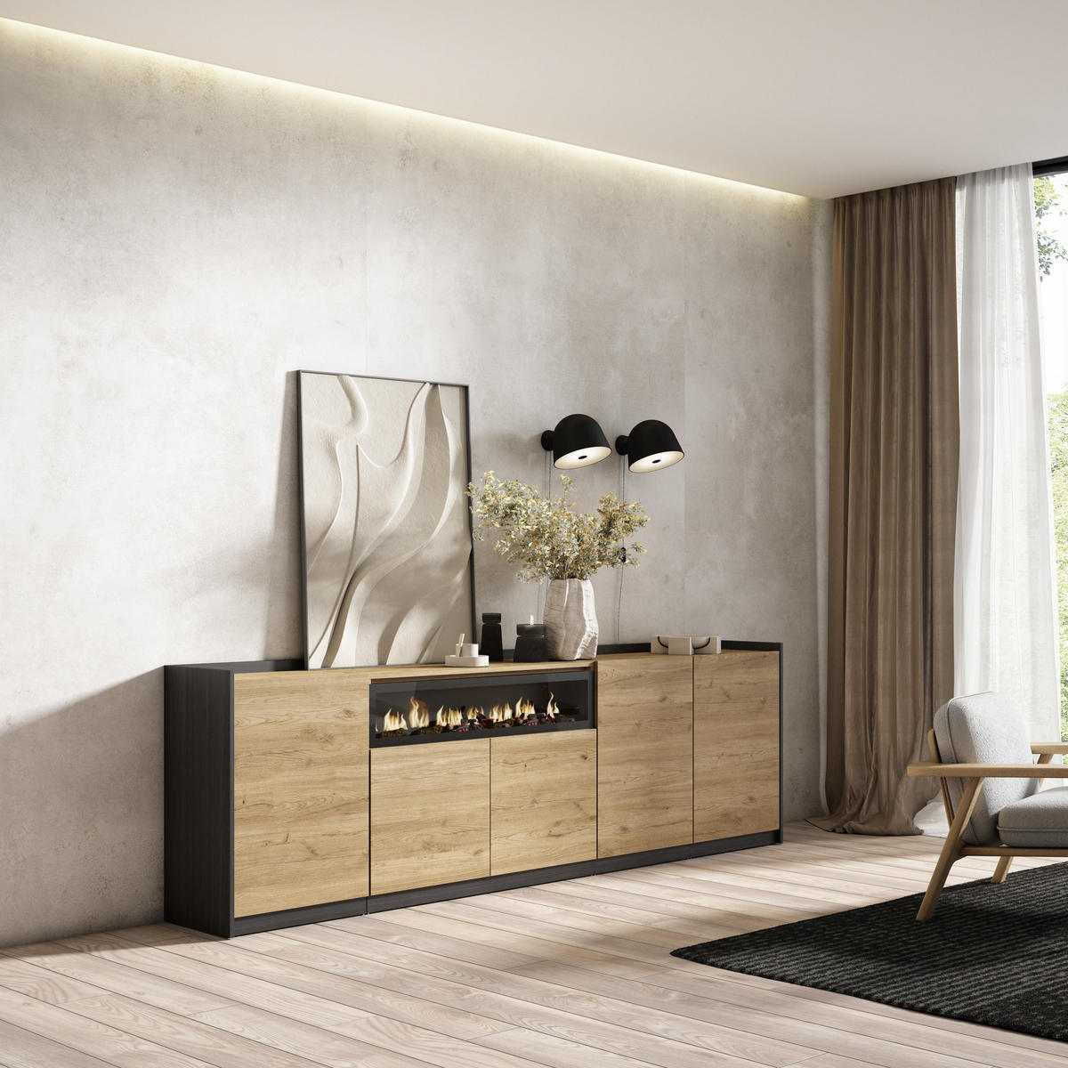 SIDEBOARD, Highboard, Eiche Schwarz, Elektrokamin, 260/37/80cm - Eichefarben, Holzwerkstoff (260/80/37cm) - Skraut Home
