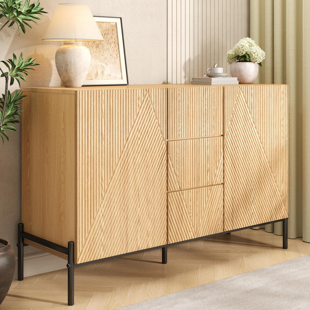 KOMODA od MDF-a 115,5x40x76 cm prirodna s dvokrilnim vratima, 3 ladice i geometrijskim frontama - prirodne boje, drvni materijal (115.5/76/40cm) - Modfu