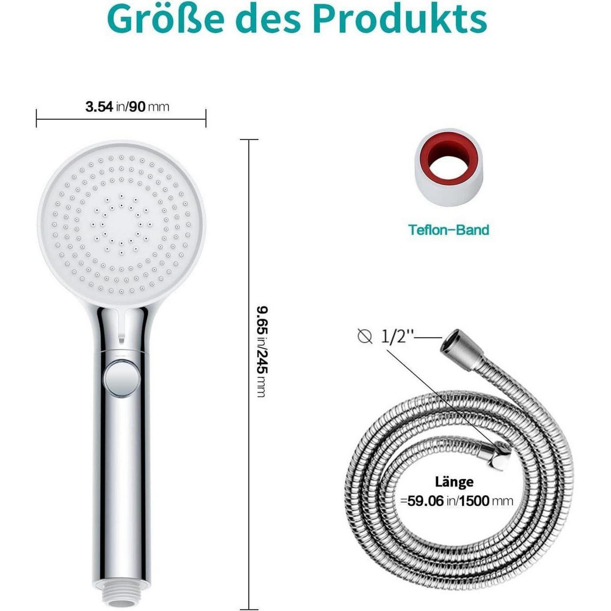 HANDBRAUSE Set mit 3 Strahlarten und Wassersparfunktion - Silberfarben, Metall (9/12.7/24.5cm)