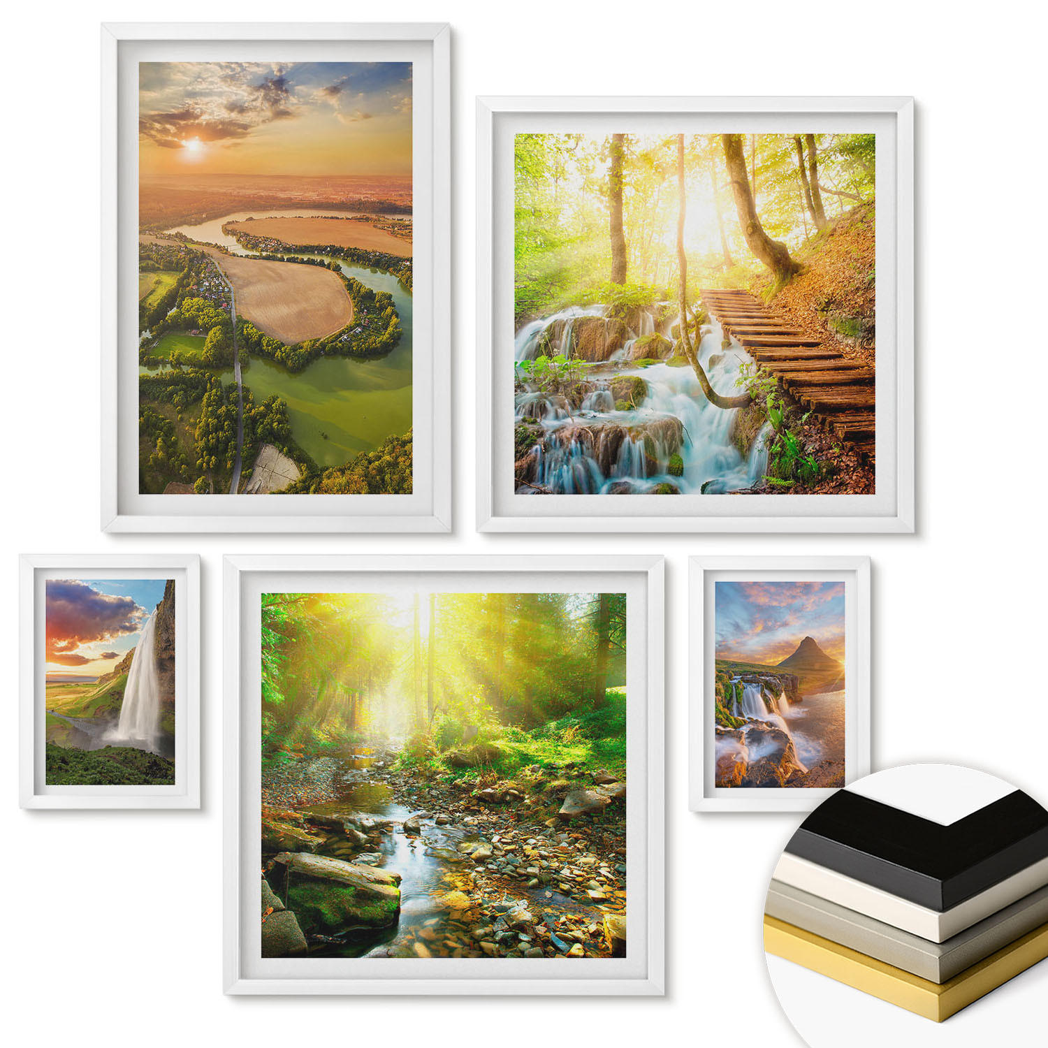 WANDBILDER 5er-Set - 50x50 cm & 20x30 cm & 40x60 cm Weißer Rahmen - Orange Mountain Wasserfall - Weiß, Kunststoff (40/60cm) - ArtPrintCave