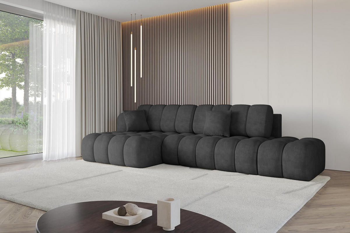 ECKSOFA mit Schlaffunktion Ottomane Links OLEA-L2 321x164x75 Dunkelgrau Velours - Dunkelgrau/Schwarz, Holzwerkstoff/Kunststoff (321/164cm) - ALTDECOR