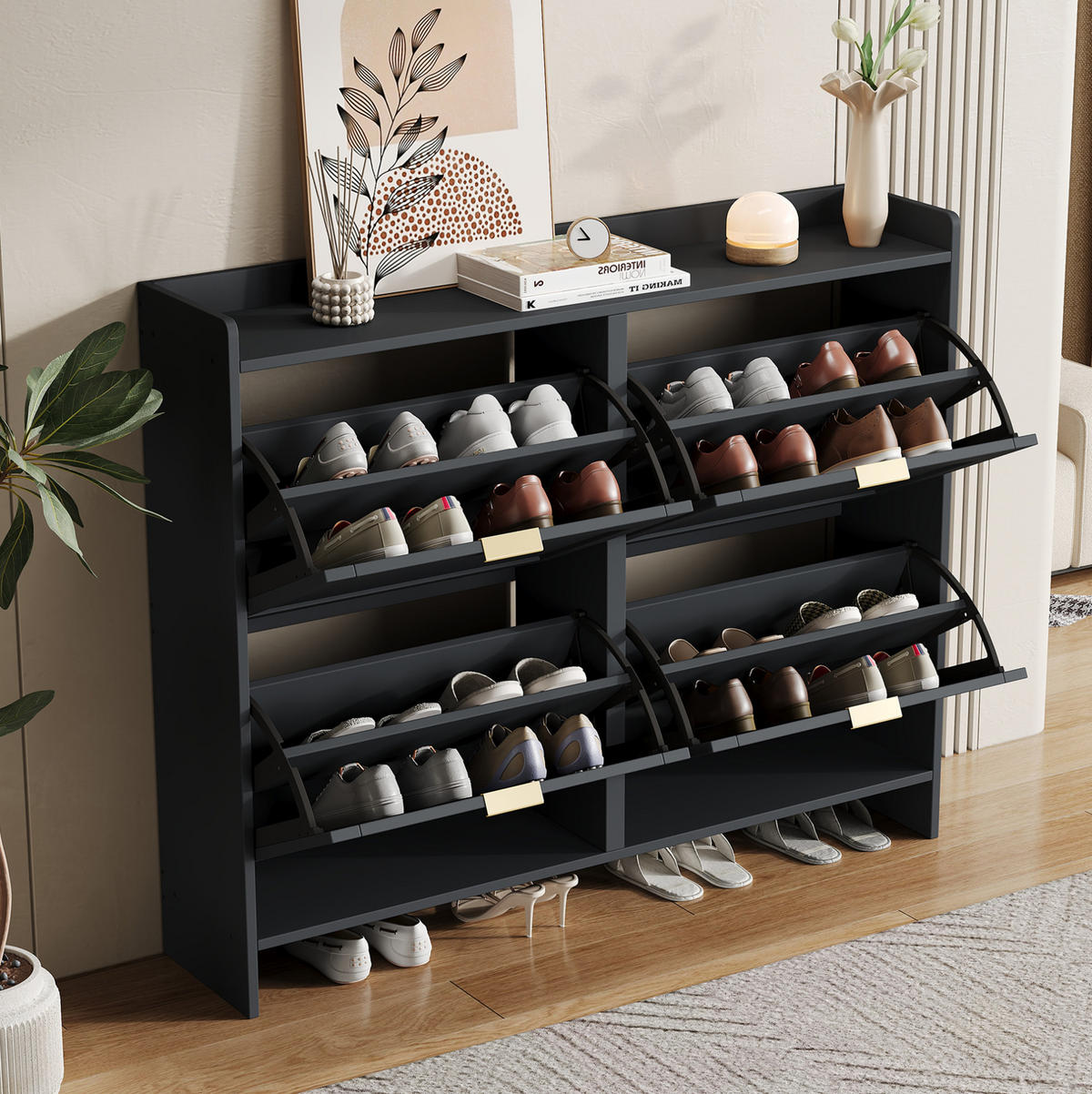 SCHUHSCHRANK aus Spanplatte 110x24x90cm in Schwarz mit 4 Klappfächern - Schwarz, Holzwerkstoff (110/90/24cm) - Modfu