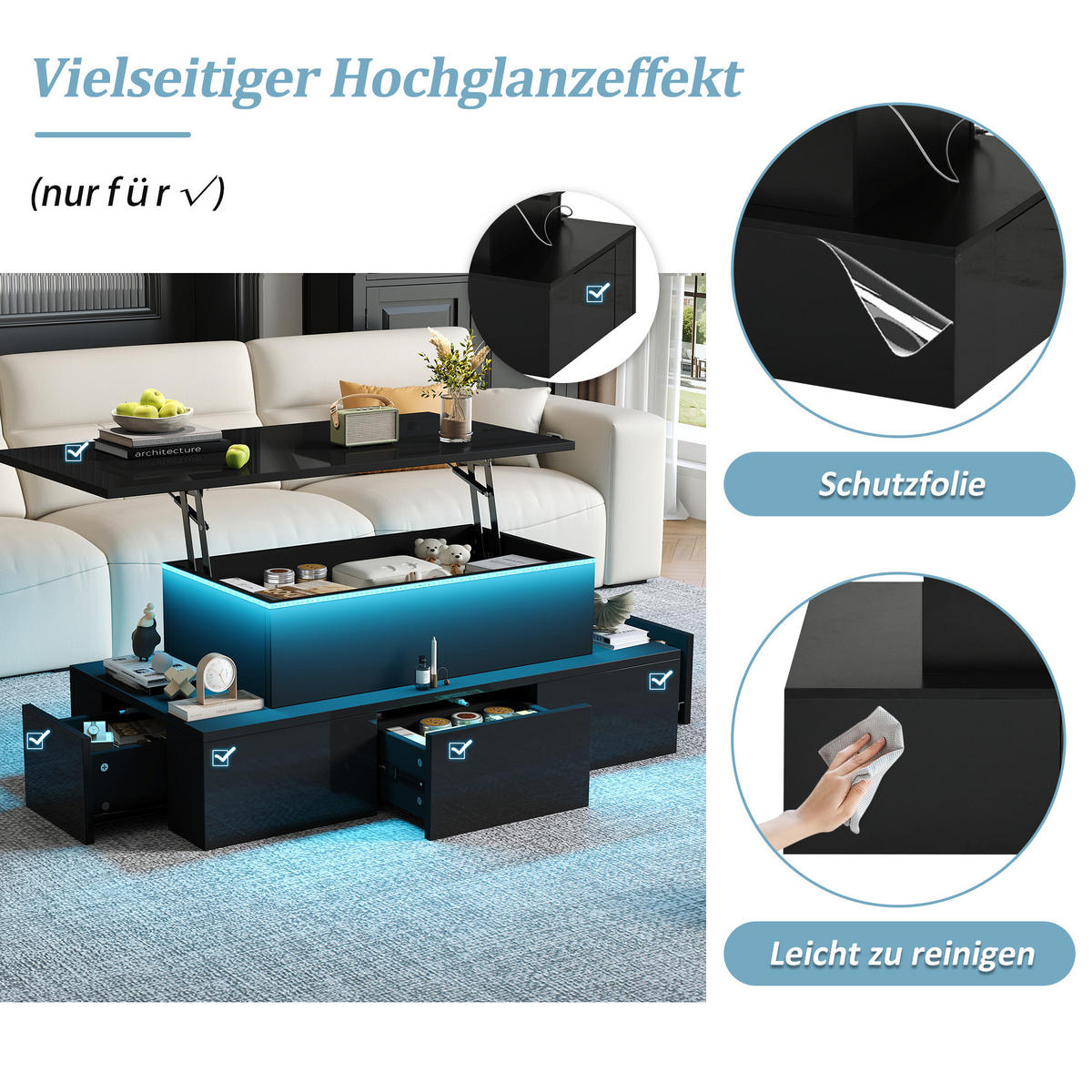 COUCHTISCH 100/50/40 cm mit Liftfunktion, LED-Beleuchtung, 4 Schubladen und Stauraum, Schwarz/Antik Eiche - Eichefarben, Holzwerkstoff (100/50/40cm) - Redom