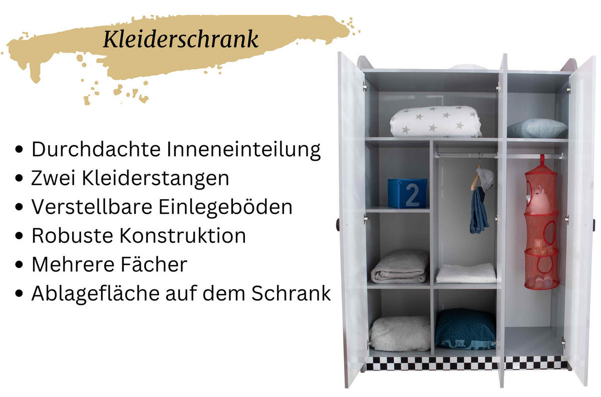 KINDERZIMMER Police Komplett Set mit Autobett 5-tlg. Schwarz Weiß - Schwarz/Weiß, Holzwerkstoff/Kunststoff (128/200/64cm) - Aileenstore