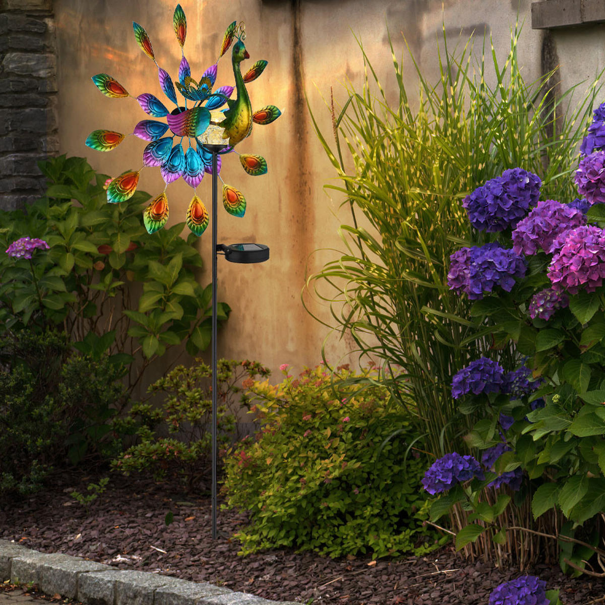 SOLARLEUCHTE LED, bunt, Pfau-Design, Erdspitz, 2er Set - Multicolor, Metall (38/25/120cm) - Globo Lighting