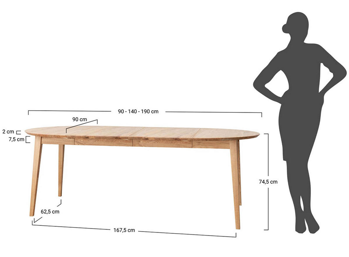 ESSTISCH Orbetello Eiche Natur 90-190 / 90 / 74,5cm - Eichefarben, Holz (90/190/74.5cm) - Feldmann-Wohnen
