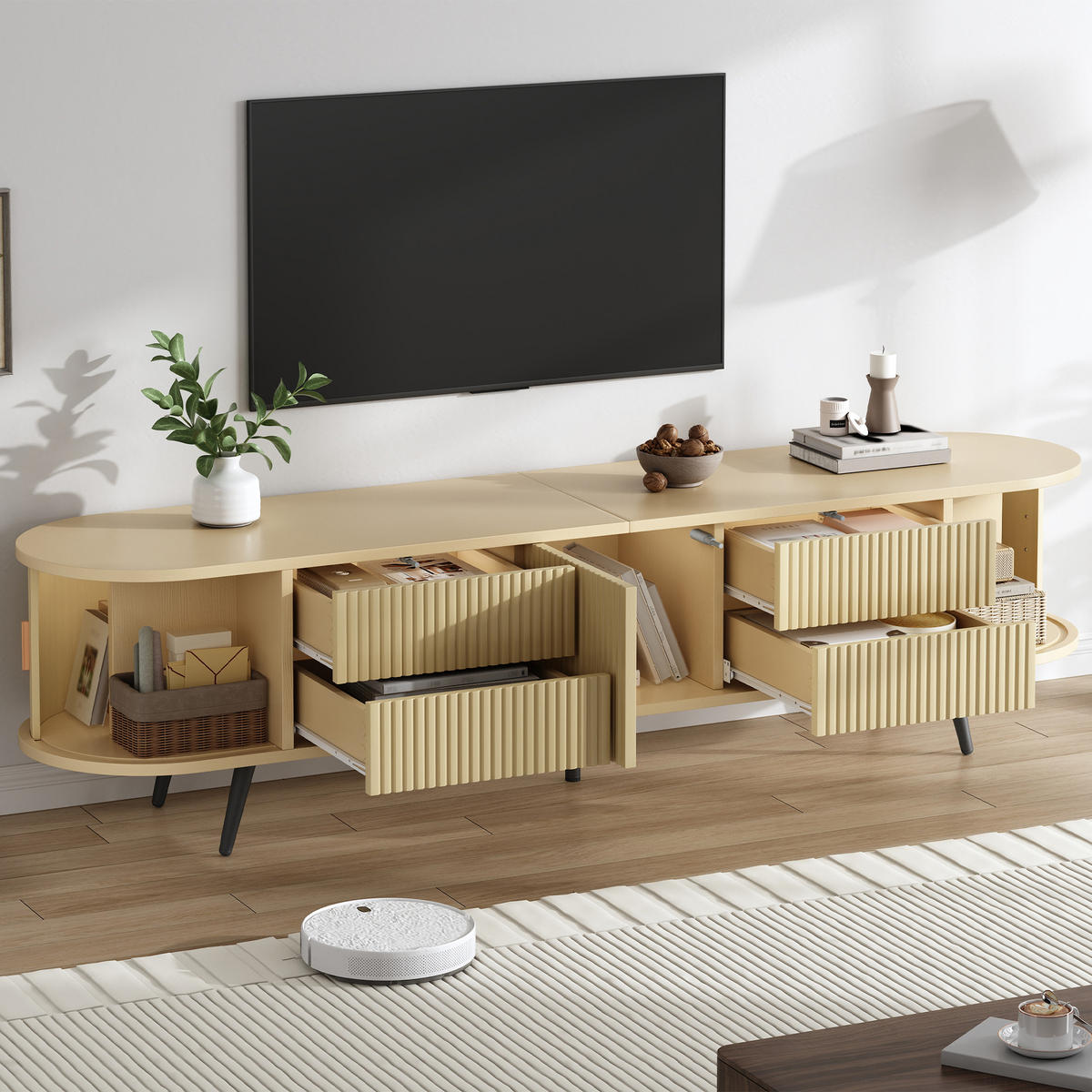 LOWBOARD DE-40406 4 Schubladen mit Rolltür und Streifen-Design Holzfarbe - Naturfarben, Holzwerkstoff (180/45/40cm) - ComfortXL