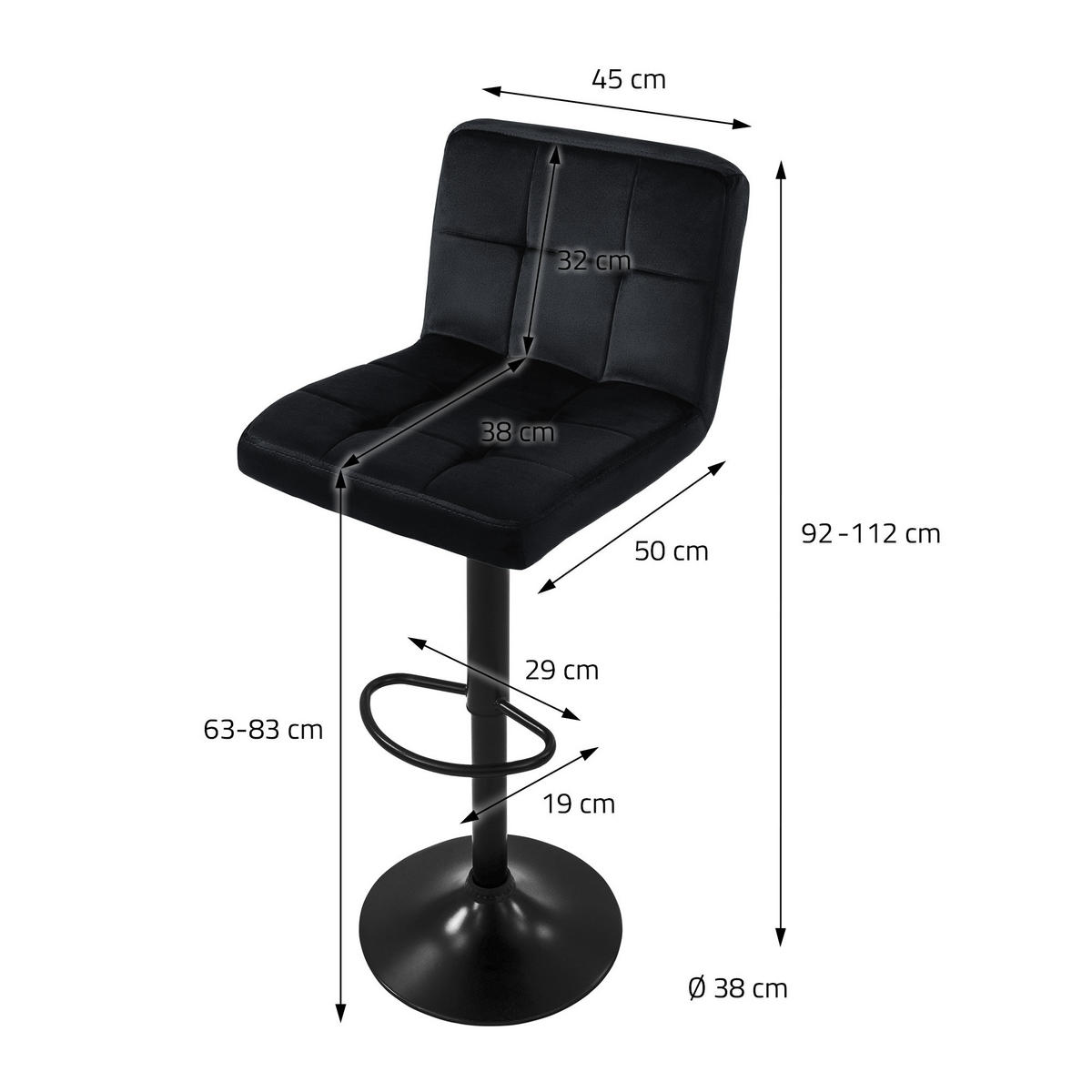 BARHOCKER Samt schwarz 2er Set - Schwarz, Metall (50/112/45cm) - ML-DESIGN