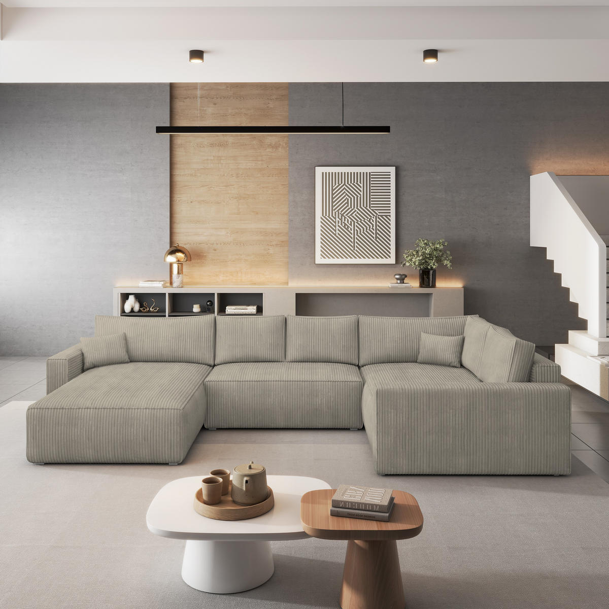 ROHOVÁ SEDAČKA VELAMI béžová - šedá/béžová, dřevo/textil (365/194cm) - MASSENO