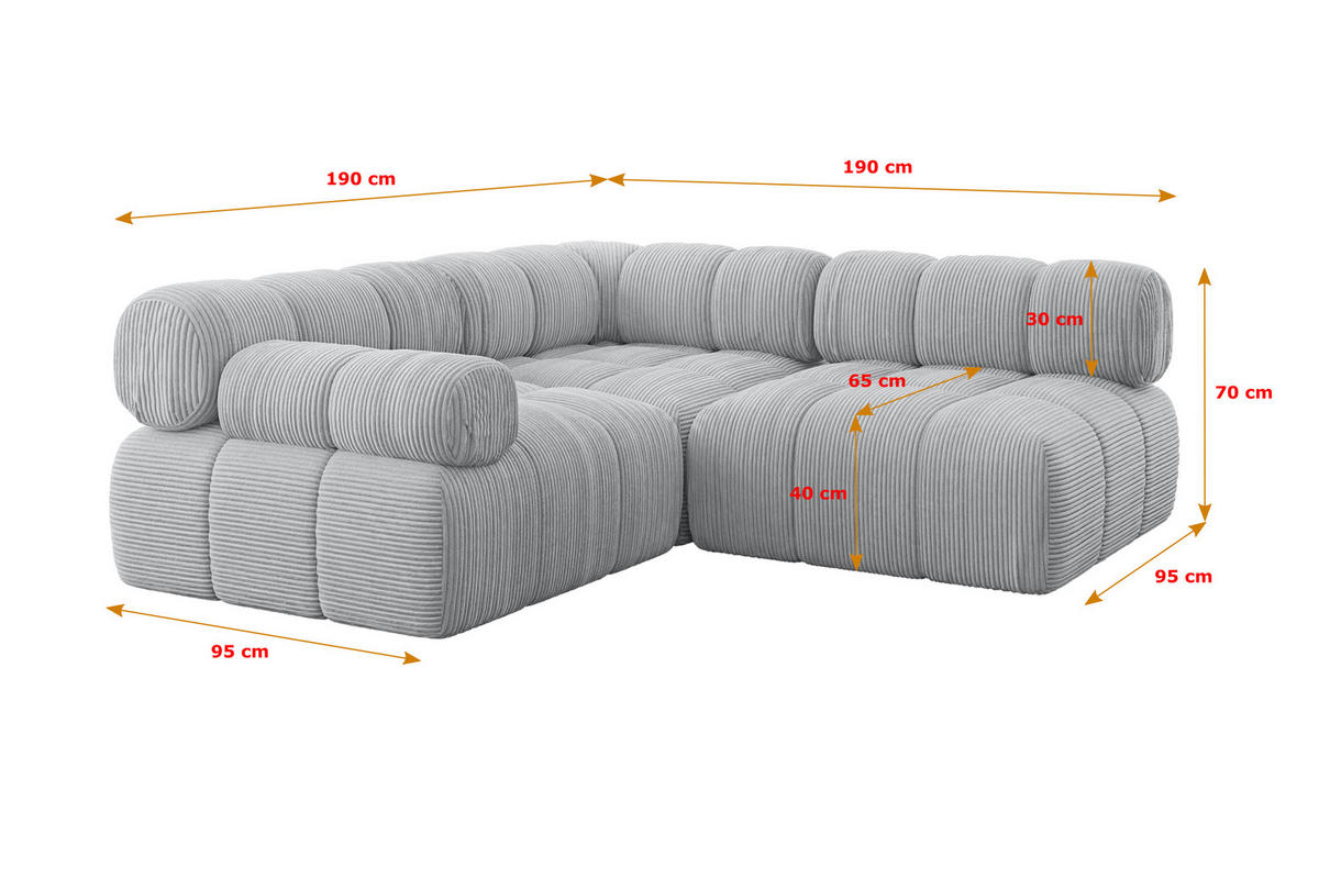 ECKSOFA modulares Sofa Mende-L1 - 190x190x70 cm Grau Cord - Grau, Holzwerkstoff/Textil (190/190cm) - ALTDECOR