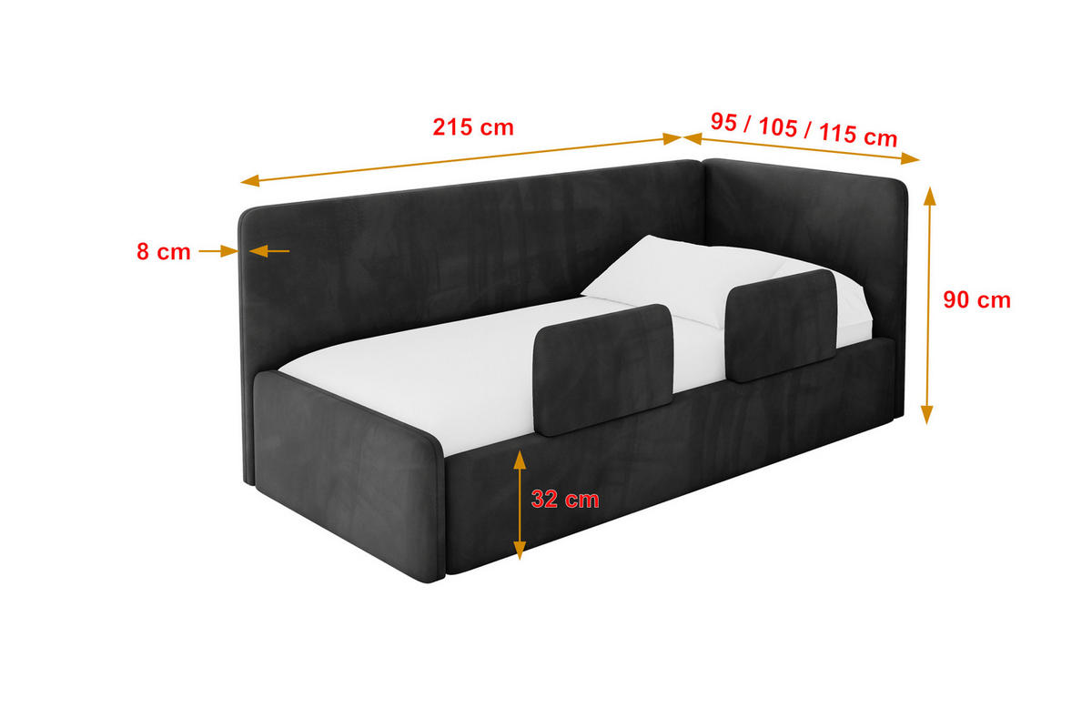EINZELLBETT Jugendbett mit Bettkasten, Links - NORY 80x200 Schwarz - Schwarz, Holzwerkstoff/Textil (80/200cm) - ALTDECOR