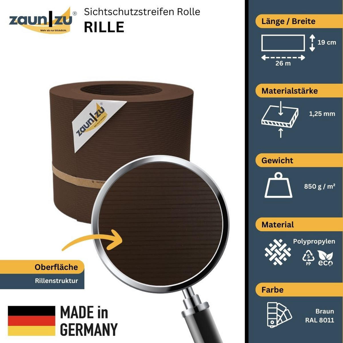 SICHTSCHUTZSTREIFEN Rille PP für Doppelstabmatten Zaun Braun 26m - Braun, Kunststoff (2600/19cm) - ZAUN|ZU