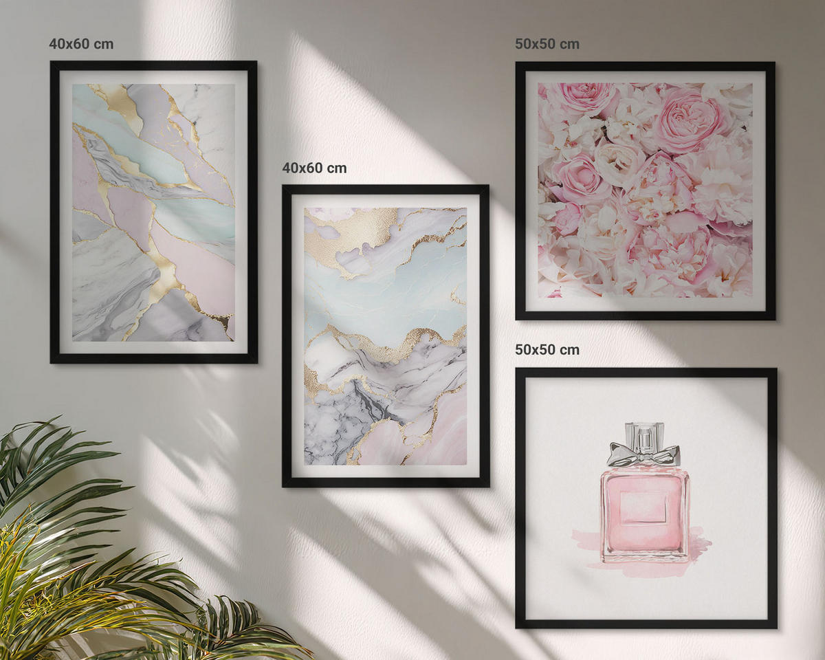 WANDBILDER 4er-Set - 50x50 cm & 40x60 cm Schwarzer Rahmen - Rosa Blumen Marmor Pastell - Schwarz, Kunststoff (50/50cm) - ArtPrintCave