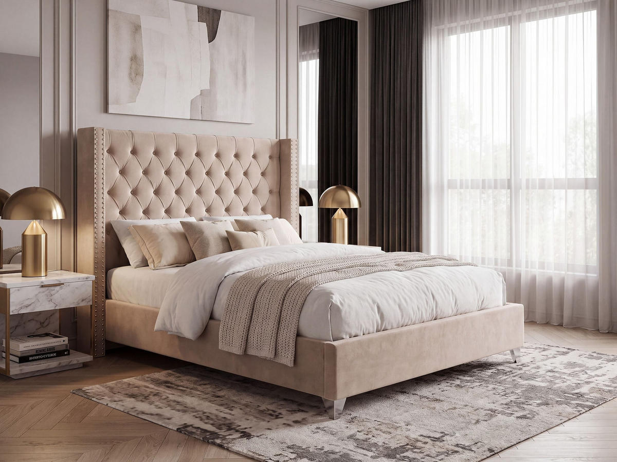 KLÄDD SÄNG med ribbotten 140x200 cm beige Lubbon - Beige, Textil (140/200cm) - Beliani