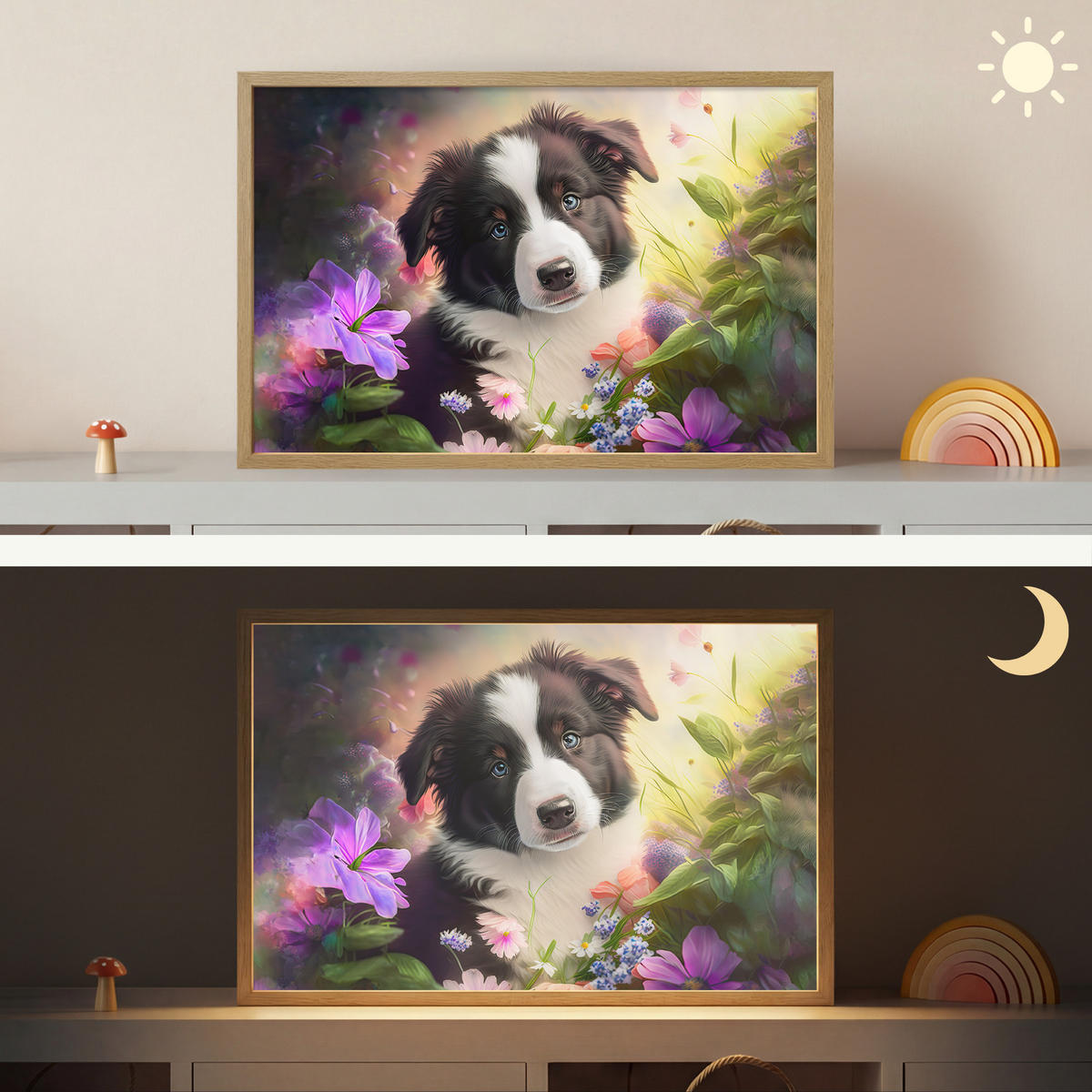NÁSTĚNNÁ LAMPA S AKUMULÁTOREM Štěně - Slunce - Květiny - Příroda - Border kolie - Pes 60x40 cm - fialová, kompozitní dřevo (60/40/8cm) - OnlyWow