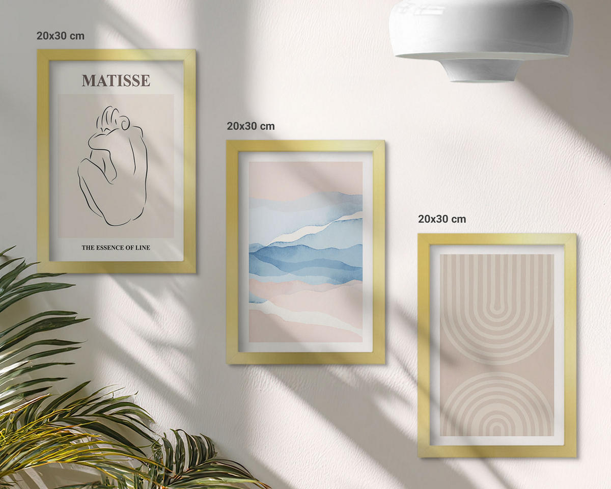 BILDER SET 3er Set - 20x30 cm Goldrahmen - Linien, Wellen, pastellfarbener Minimalismus - Goldfarben, Kunststoff (20/30cm) - TULUP
