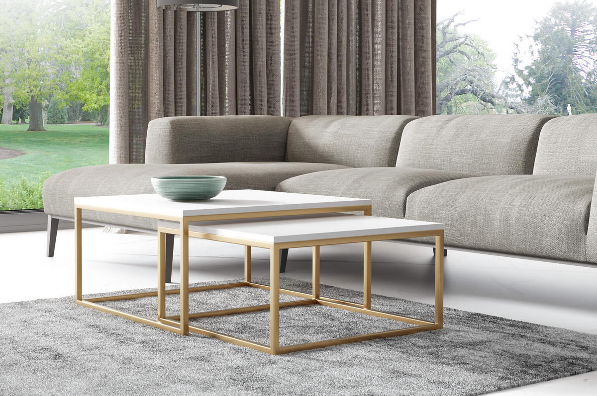 COUCHTISCHEN DUO 2-tlg - Goldfarben/Weiß, Holzwerkstoff (76/76/39cm) - Meblini