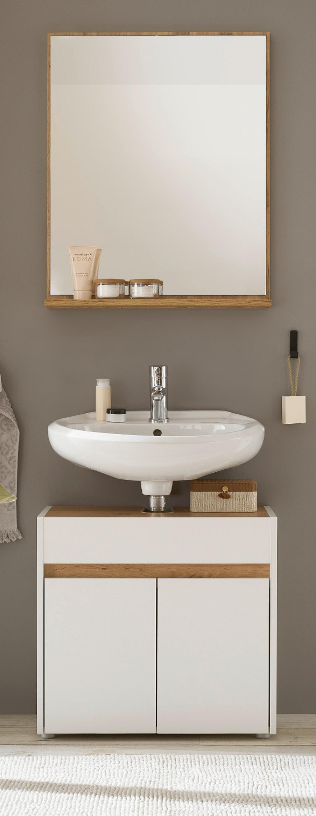 BADMÖBEL-SET 2-teilig weiß, Wotan Eiche, Badkombination 60 cm - Silberfarben/Eiche Wotan, Glas/Holz (61/200/34cm) - Furn.Design