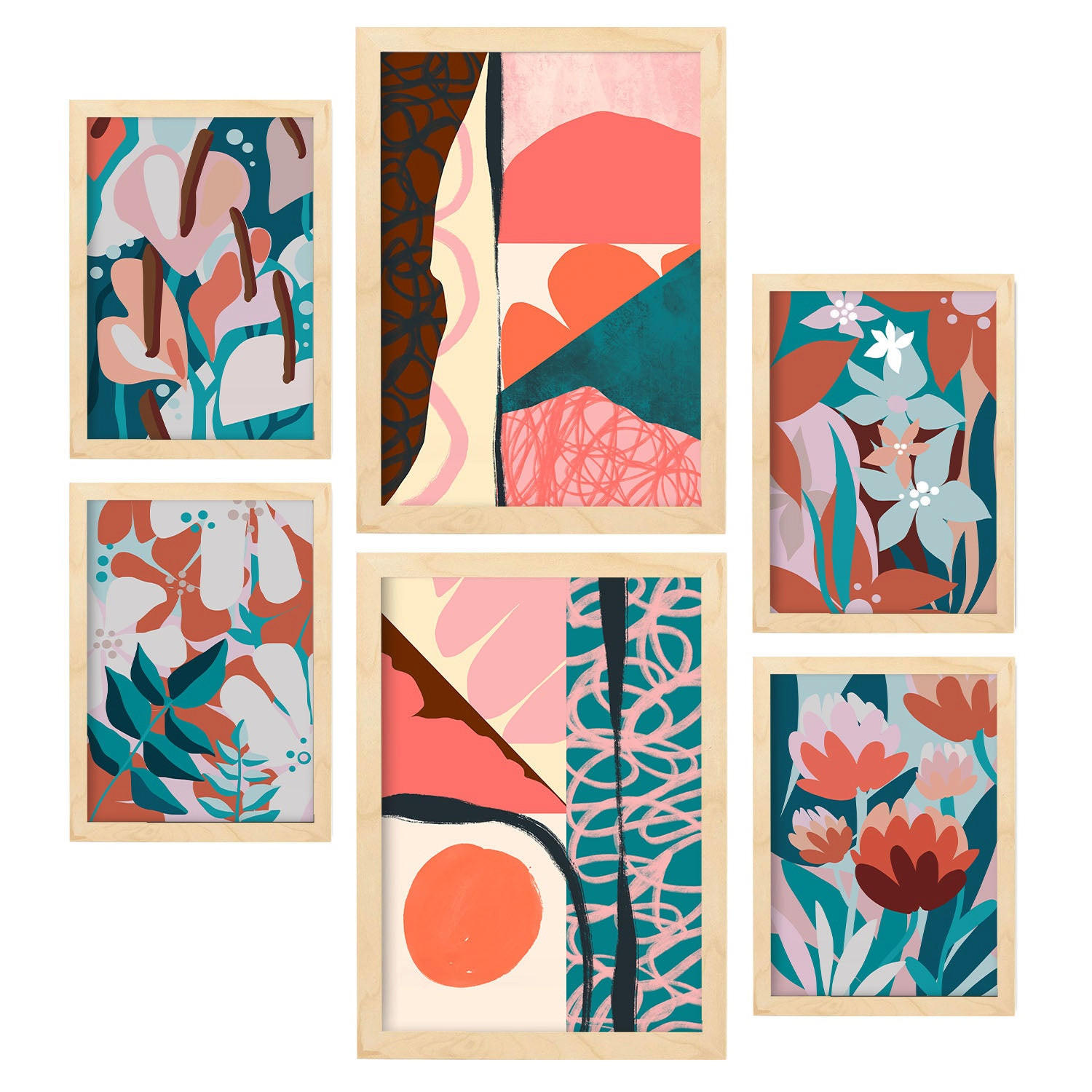 POSTER Set Mit 6 Prominente Kunst 2 In Blume Zusammenfassung A3 & A4 Rahmen Aus Hellem Holz - Beige, Papier (29/3cm) - Nacnic
