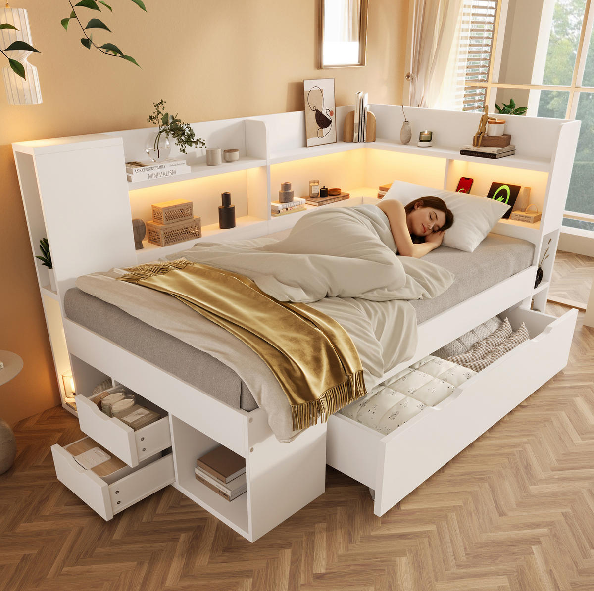 POLSTERBETT 90/190 cm mit LED-Beleuchtung, USB- und Typ-C-Anschluss, Stauraum und Lattenrost, Weiß - Weiß, Textil (90/190cm) - Redom