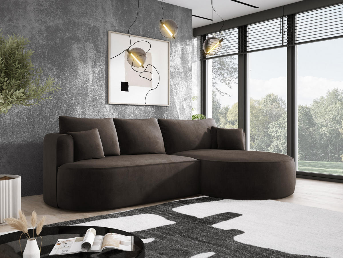 ECKSOFA FIORE L-förm Moderne Ausziehbare Schlaf-Funktion, automatischer Auffaltung, lose Rückenkissen freistehend RECHTS 284x183x82cm Brown - Braun, Holz/Textil (284/183cm) - DomoHome
