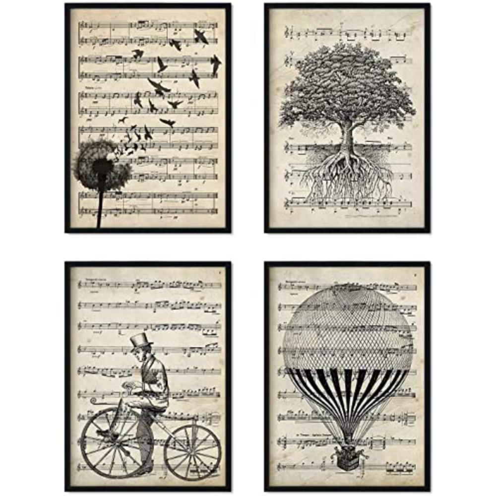 POSTER Set mit 4 Notenblatt A4 Schwarzer Rahmen - Schwarz, Papier (29.7/3cm) - Nacnic